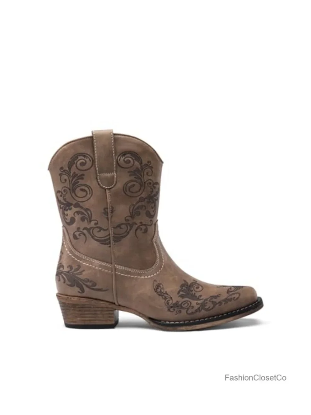 Women's Square Toe Western Ankle Boots with Embroidery and Side Zipper
